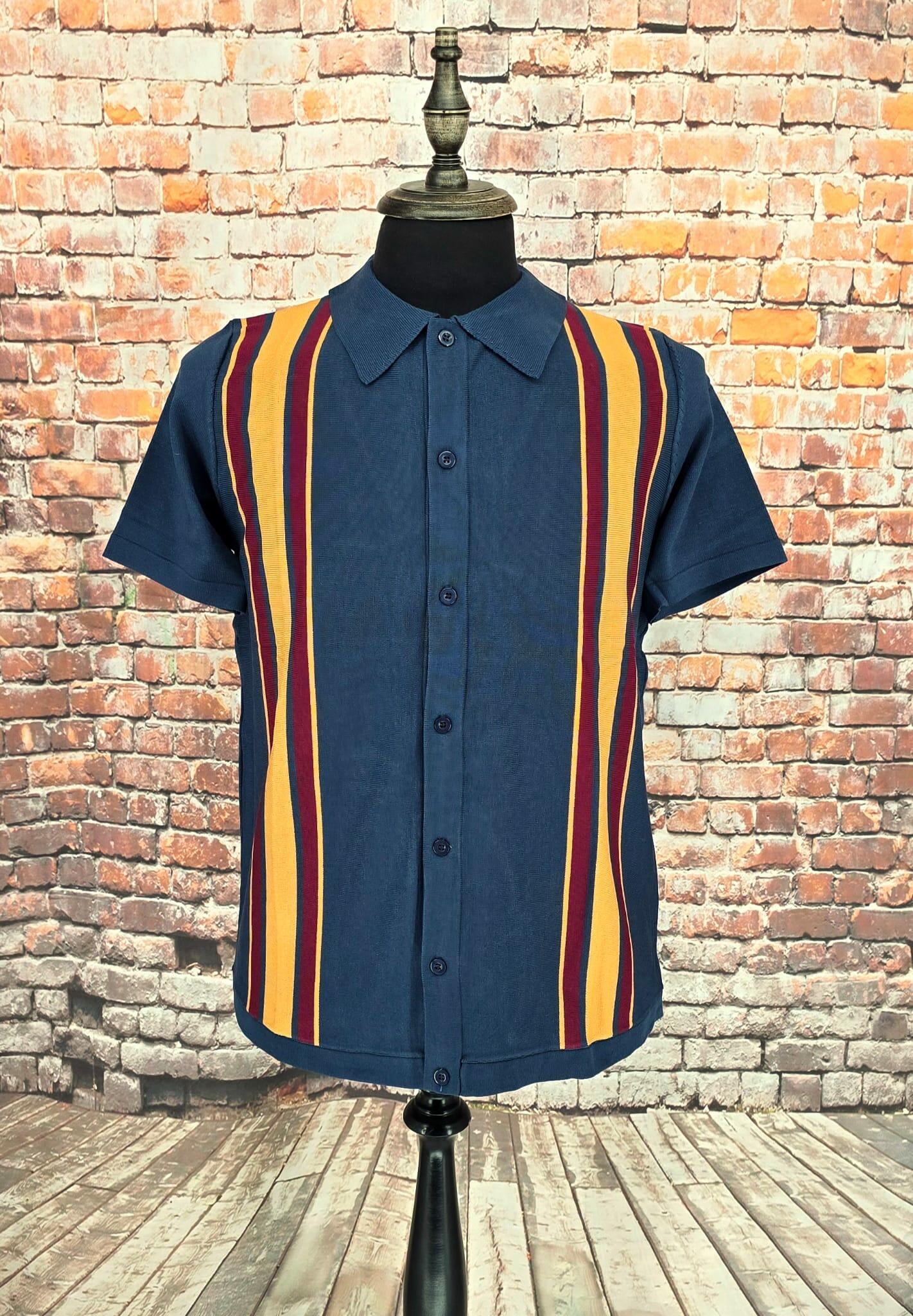 Navy Gold & Red Button Through Knitwear