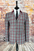 Wesley - Grey & Burgundy Checked Suit With Velvet Collar
