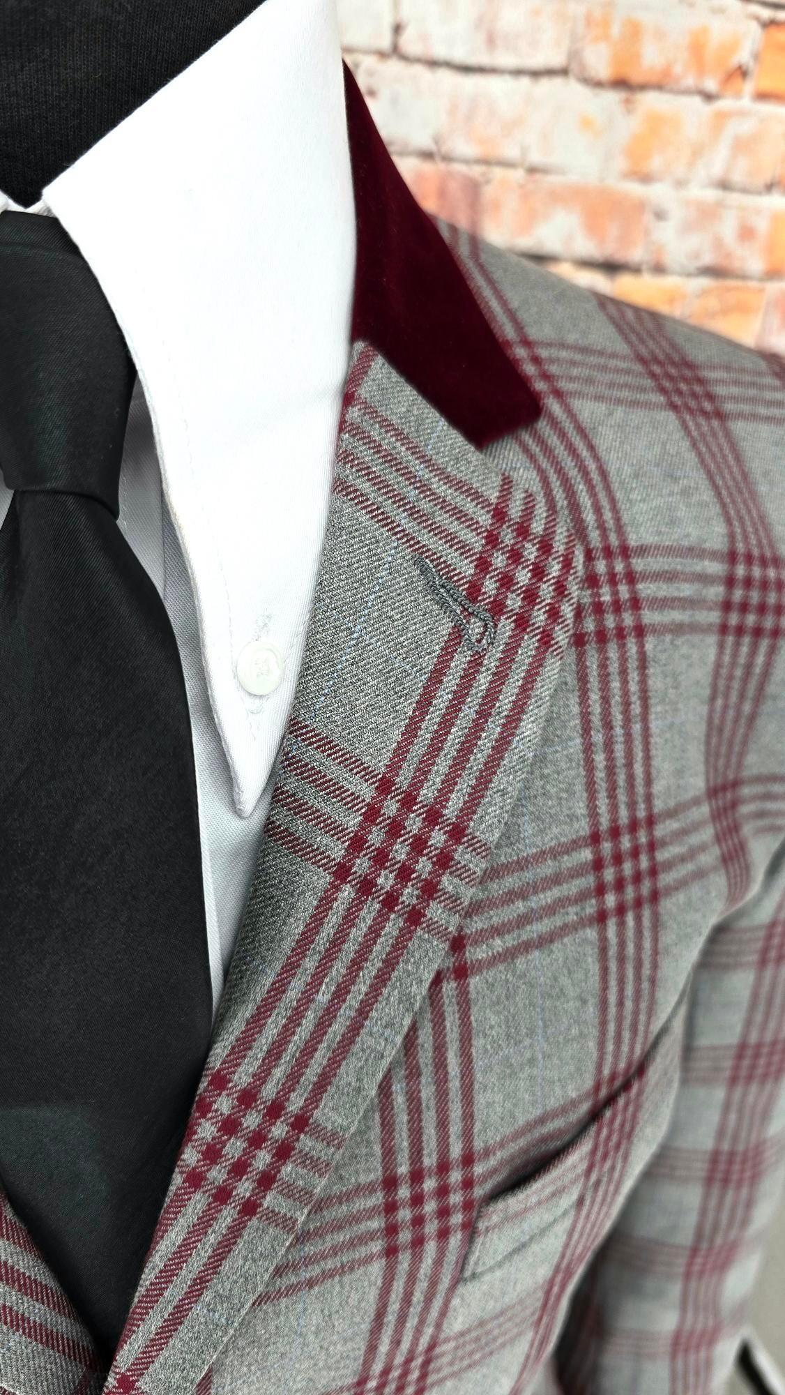 Wesley - Grey & Burgundy Checked Suit With Velvet Collar