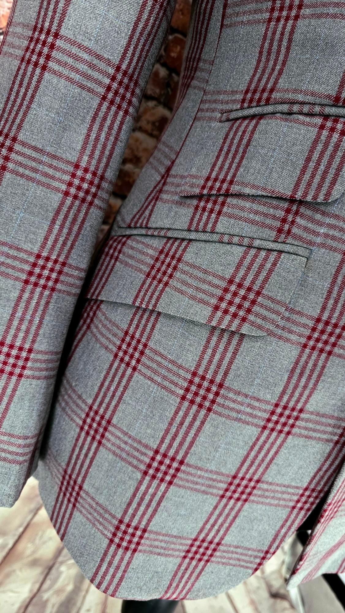 Wesley - Grey & Burgundy Checked Suit With Velvet Collar