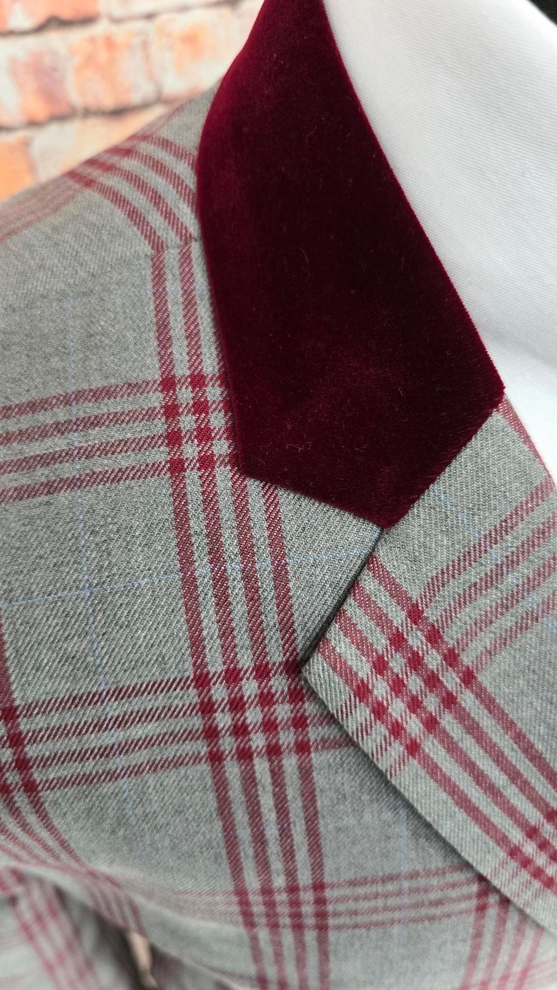 Wesley - Grey & Burgundy Checked Suit With Velvet Collar