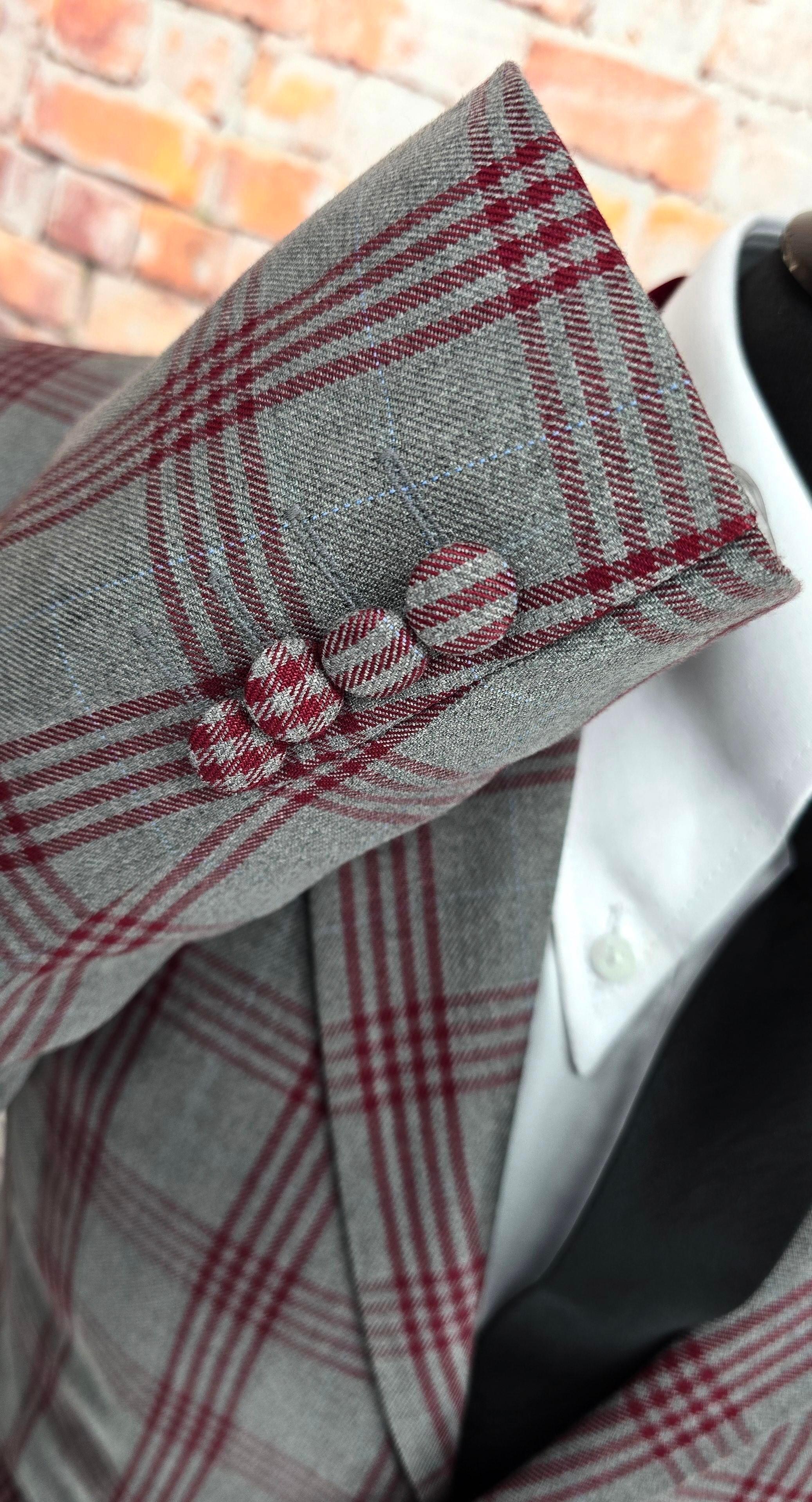 Wesley - Grey & Burgundy Checked Suit With Velvet Collar