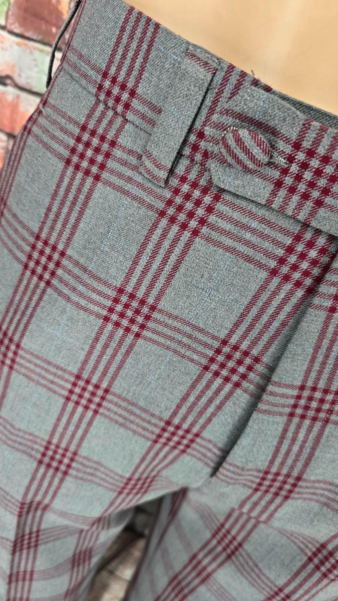 Wesley - Grey & Burgundy Checked Suit With Velvet Collar