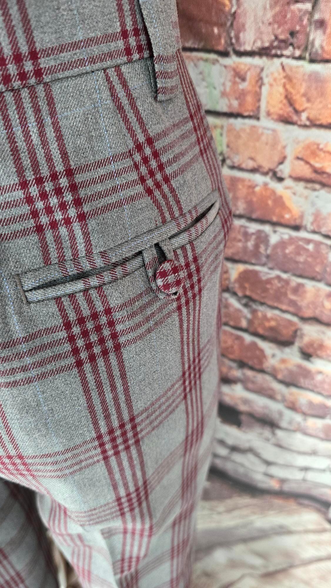 Wesley - Grey & Burgundy Checked Suit With Velvet Collar