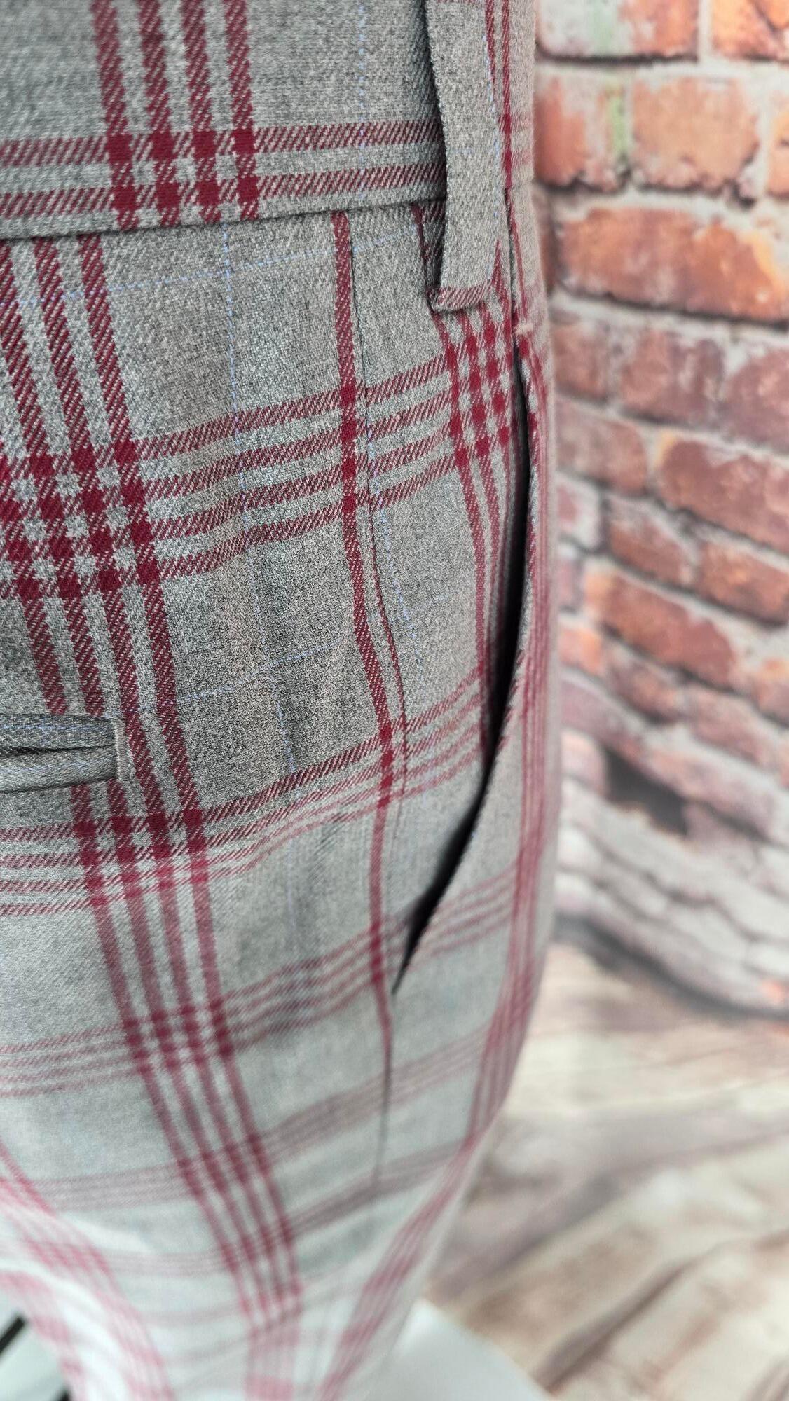 Wesley - Grey & Burgundy Checked Suit With Velvet Collar