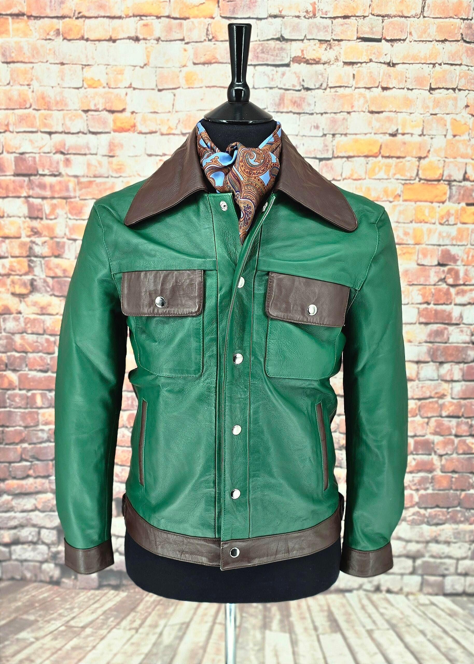 Sean - Green & Brown 70's Vintage Look Leather Jacket