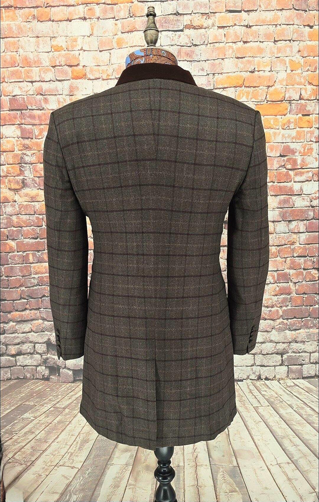 Morton - Brown checked Overcoat With Velvet Collar.