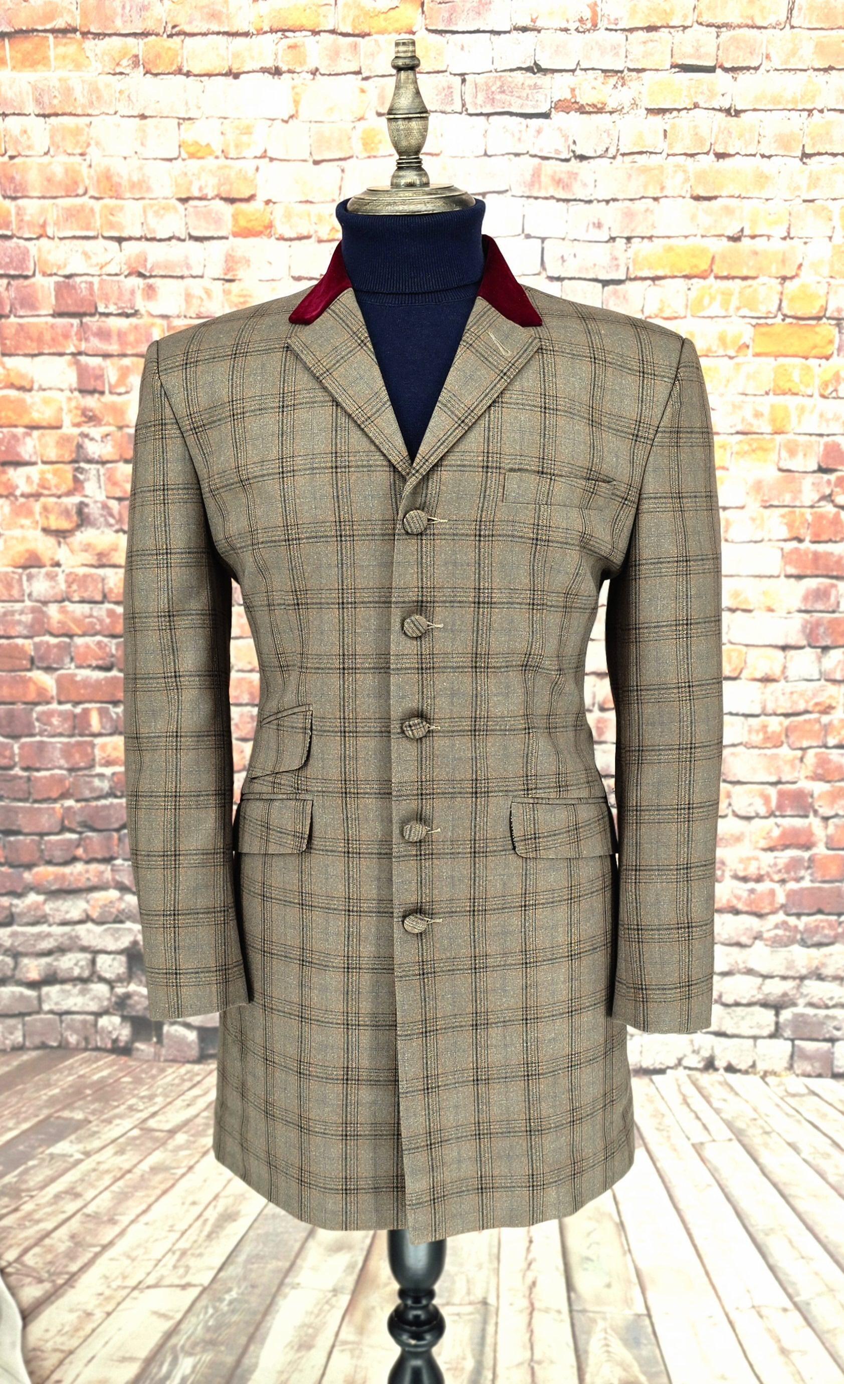 "Jackson" Brown Check Overcoat With Velvet Collar