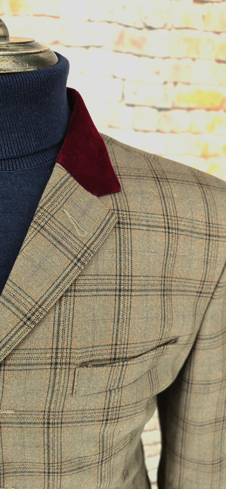 "Jackson" Brown Check Overcoat With Velvet Collar