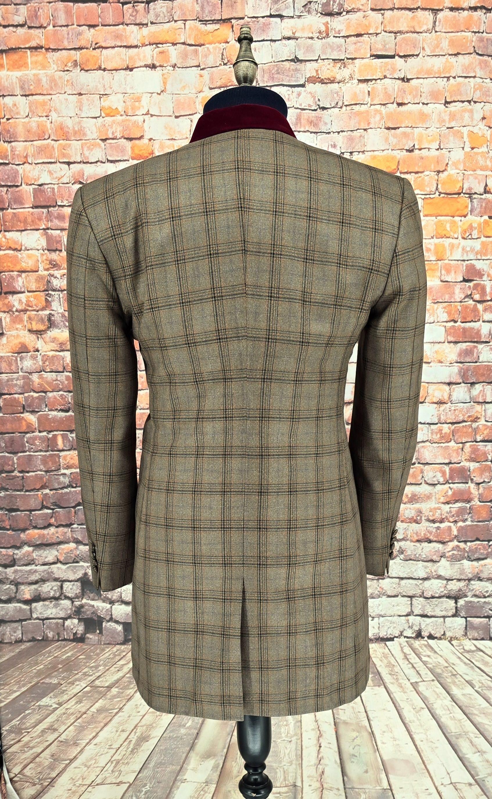 "Jackson" Brown Check Overcoat With Velvet Collar