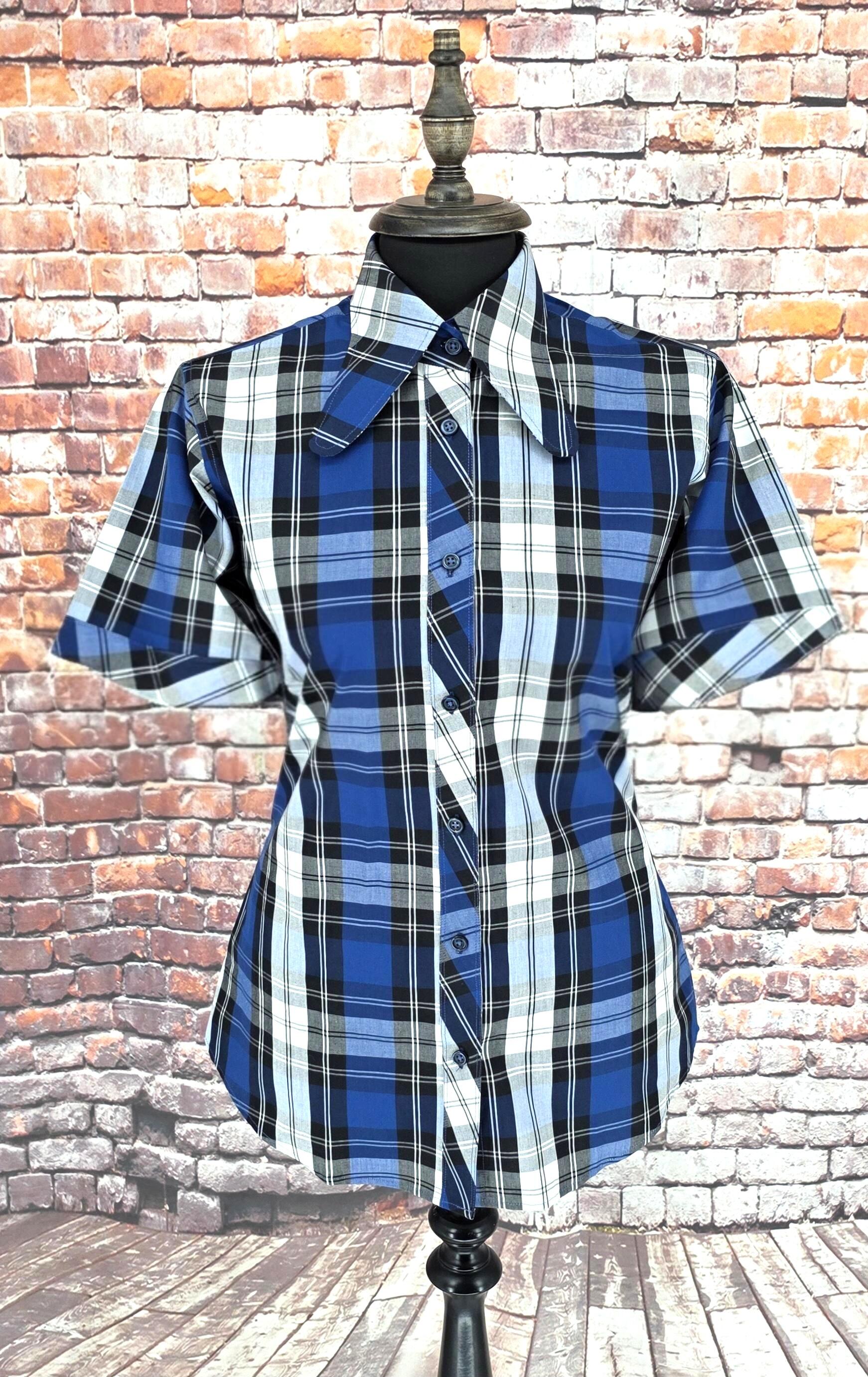 Louisa -  Blue Black Checked Beagle Collar Shirt