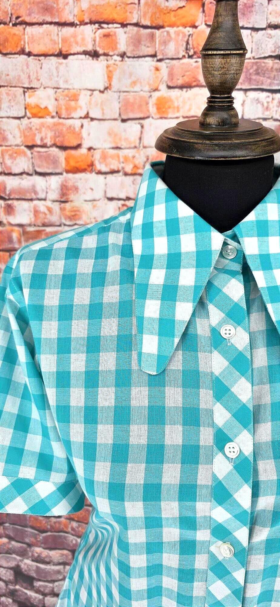 Emma -  Mint & White Beagle Collar Gingham Shirt