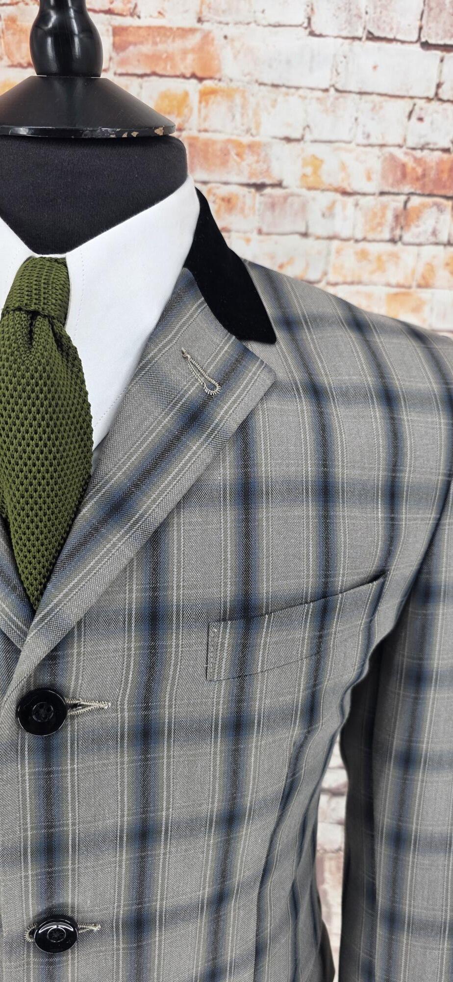 Portman - Warm Grey Checked Suit With Black Velvet Collar
