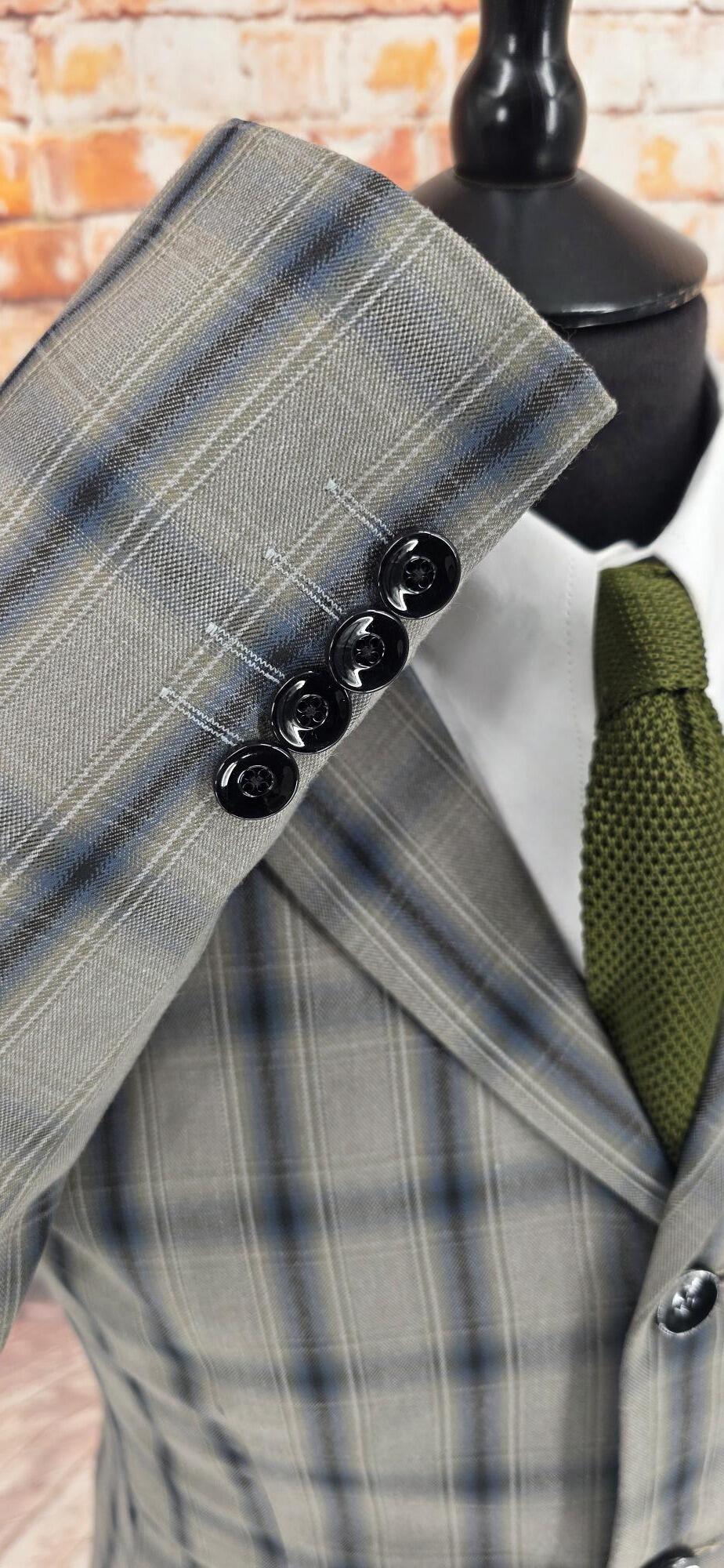 Portman - Warm Grey Checked Suit With Black Velvet Collar