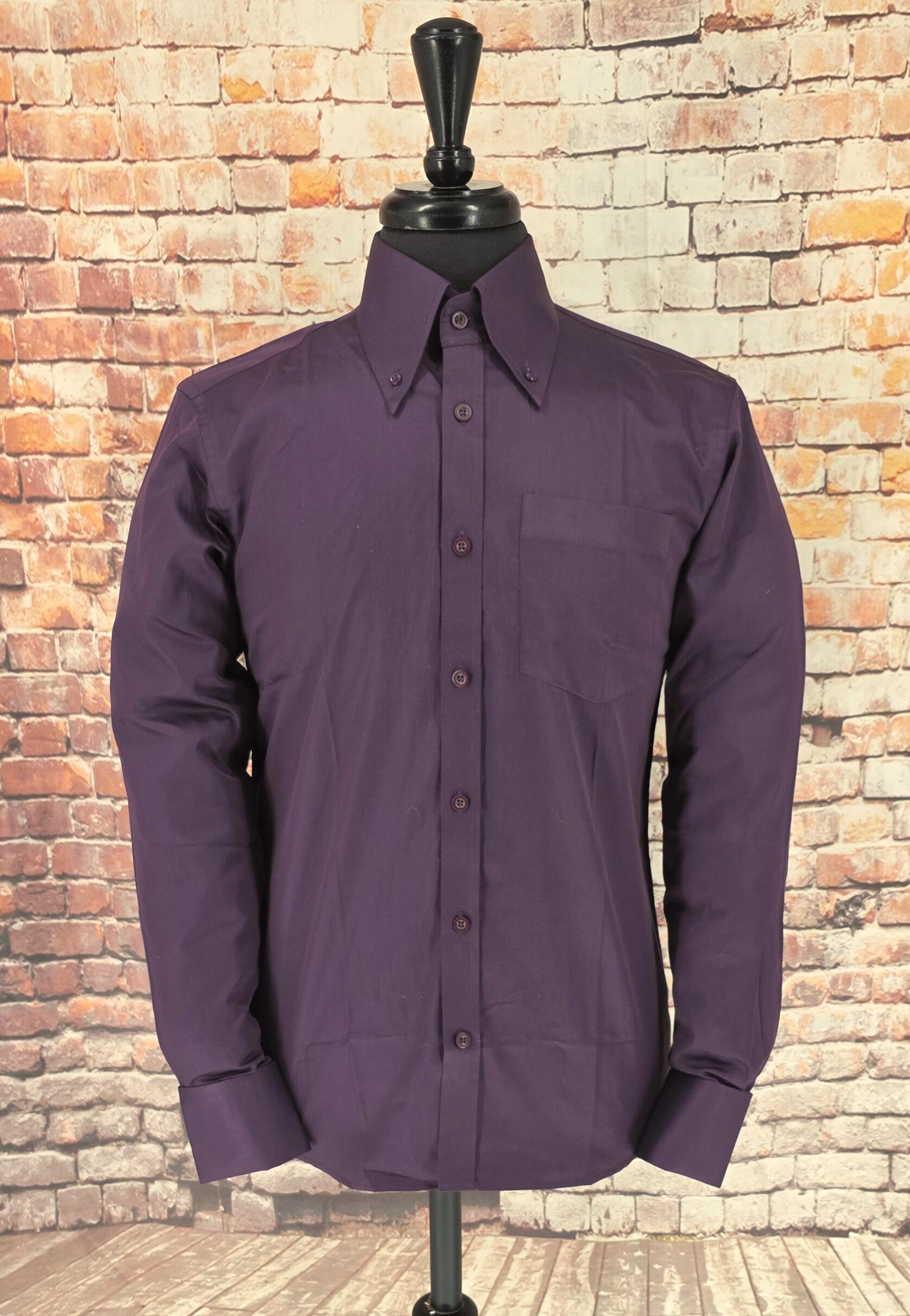 Men’s aubergine button-down shirt with spearpoint collar and Milanese cuff, semi-fitted cotton fabric.”