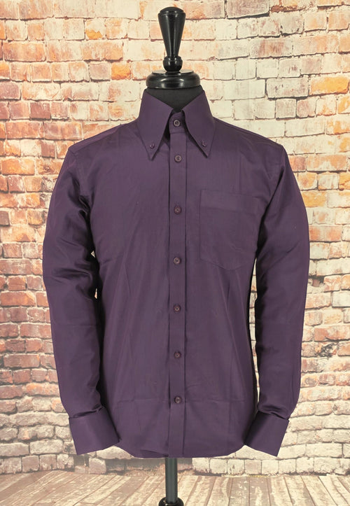 Men’s aubergine button-down shirt with spearpoint collar and Milanese cuff, semi-fitted cotton fabric.”