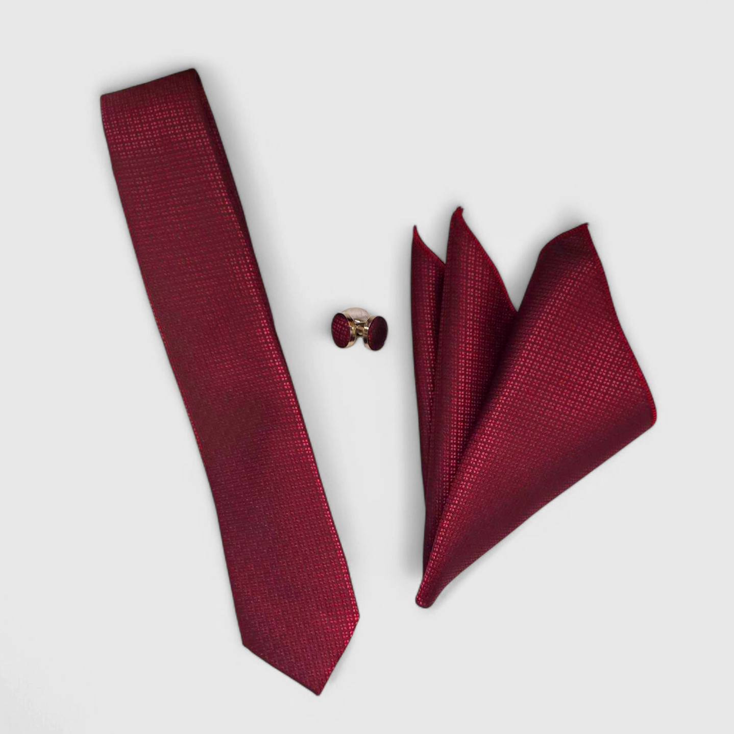 The Burgundy Trio – Tie, Pocket Handkerchief & Cufflinks Set
