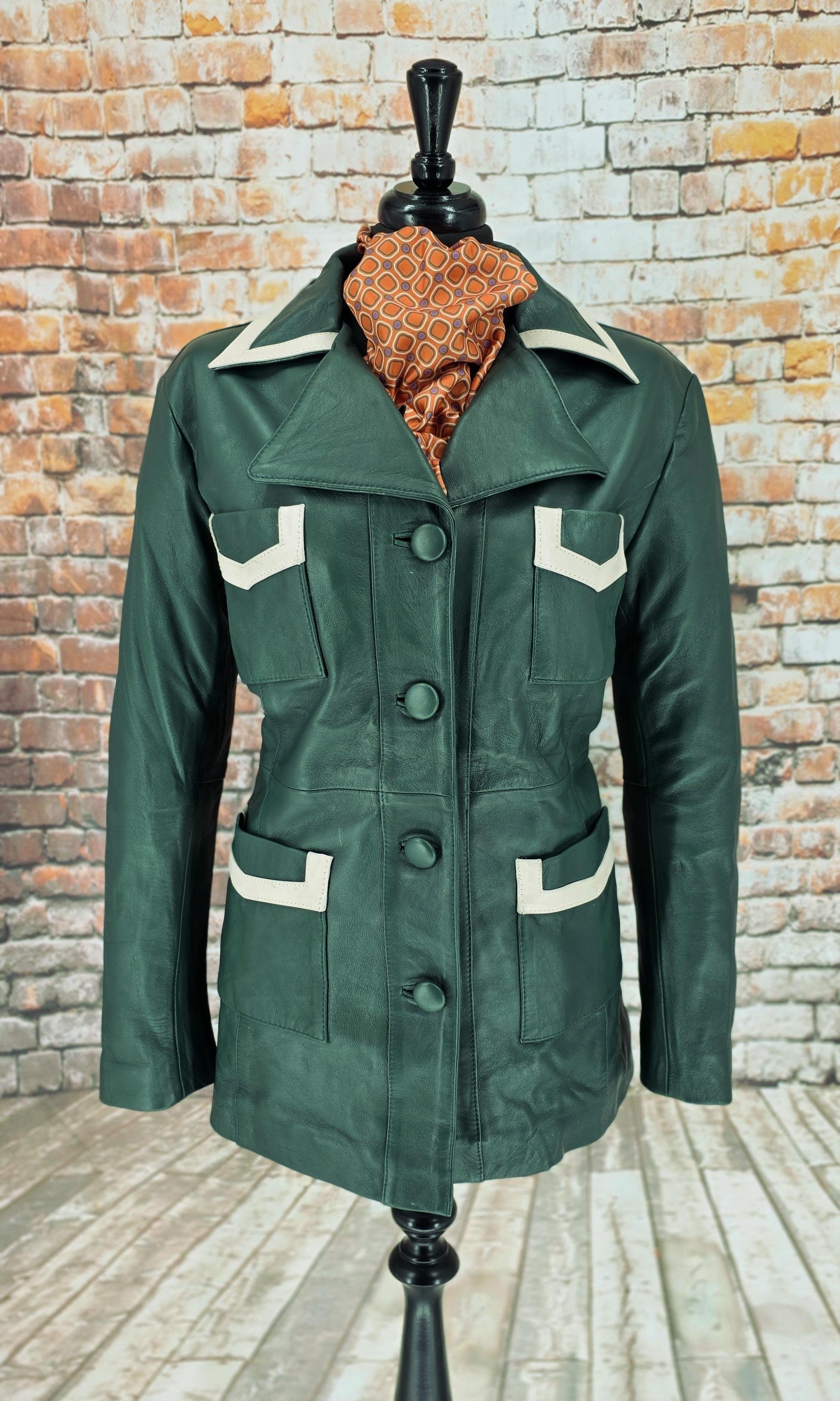 Verna  -  Women's Racing Green With Contrasting Cream Leather Detail Jacket