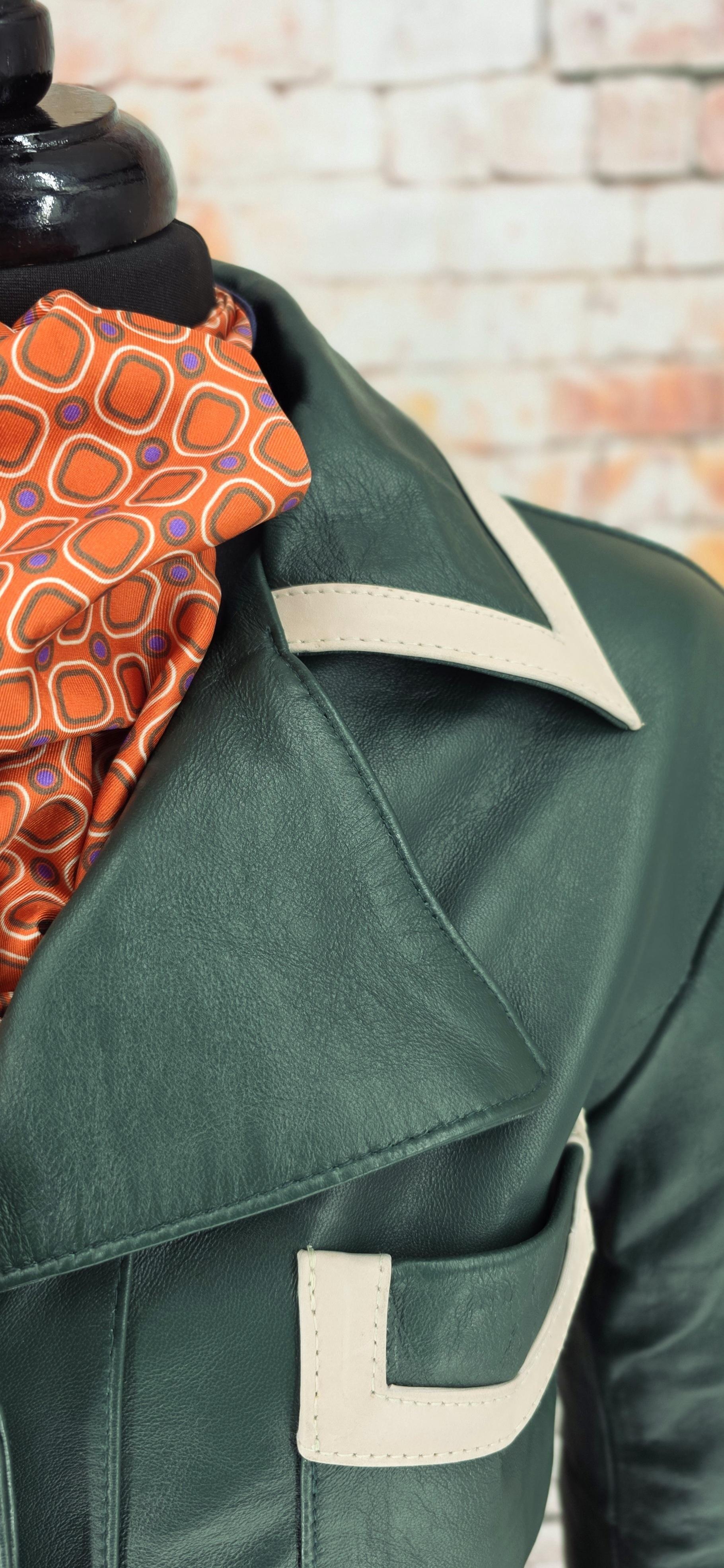 Verna  -  Women's Racing Green With Contrasting Cream Leather Detail Jacket
