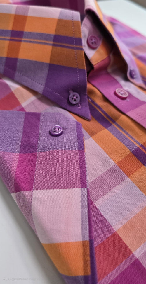 Andrea - Pink Orange Checked Cotton Short Sleeve Shirt