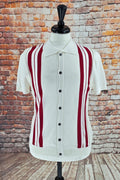 Front view of a white retro knit shirt with red vertical side stripes and dark buttons.