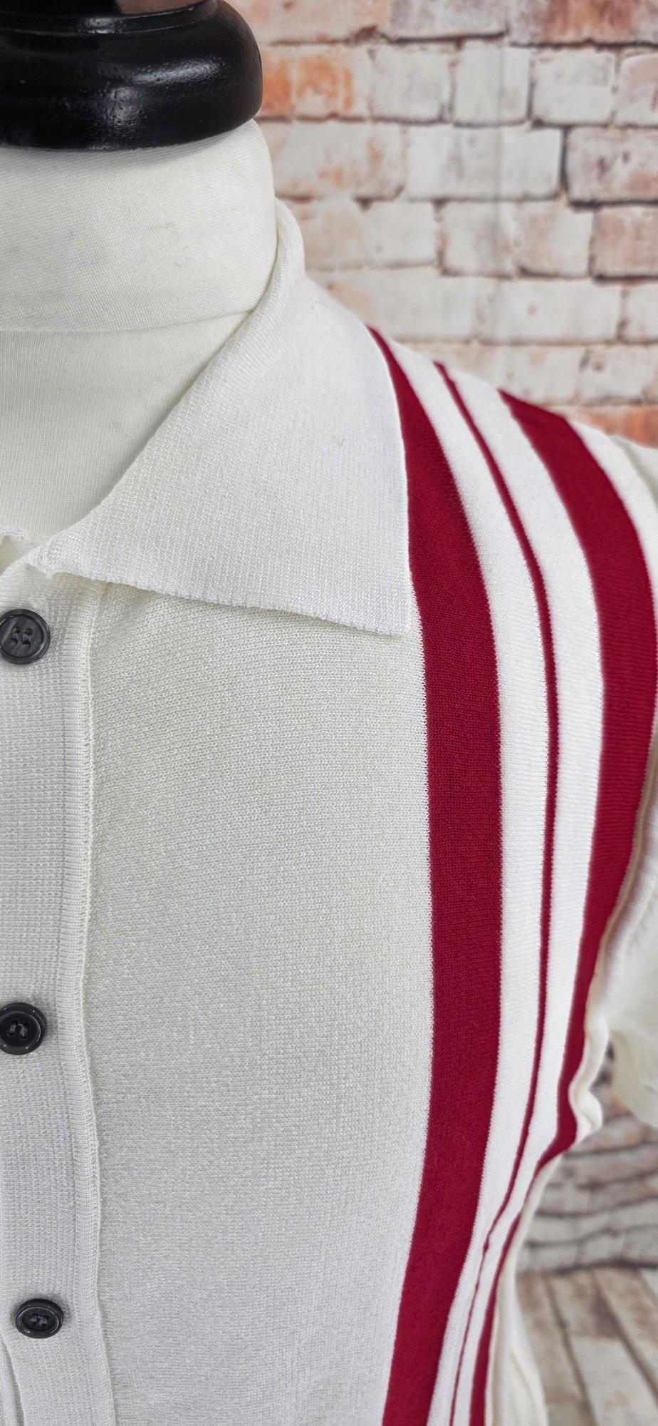 Retro Knit Button‑Up – White with Red Side Stripes