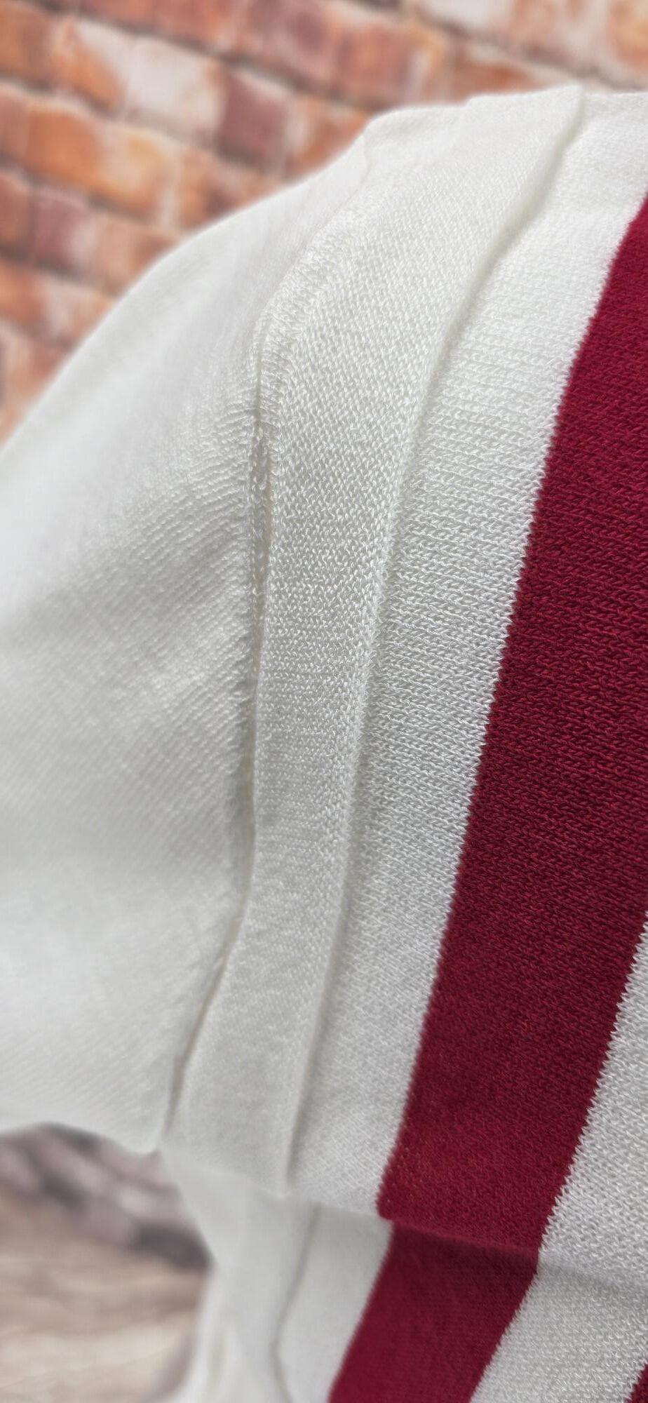 Retro Knit Button‑Up – White with Red Side Stripes
