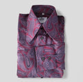 Men’s retro paisley shirt with 60s beagle collar in purple and pink by modclothin crown and jester