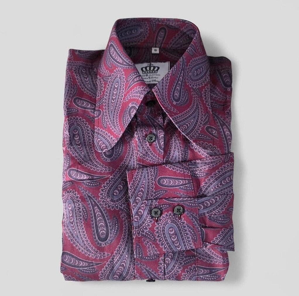 Men’s retro paisley shirt with 60s beagle collar in purple and pink by modclothin crown and jester