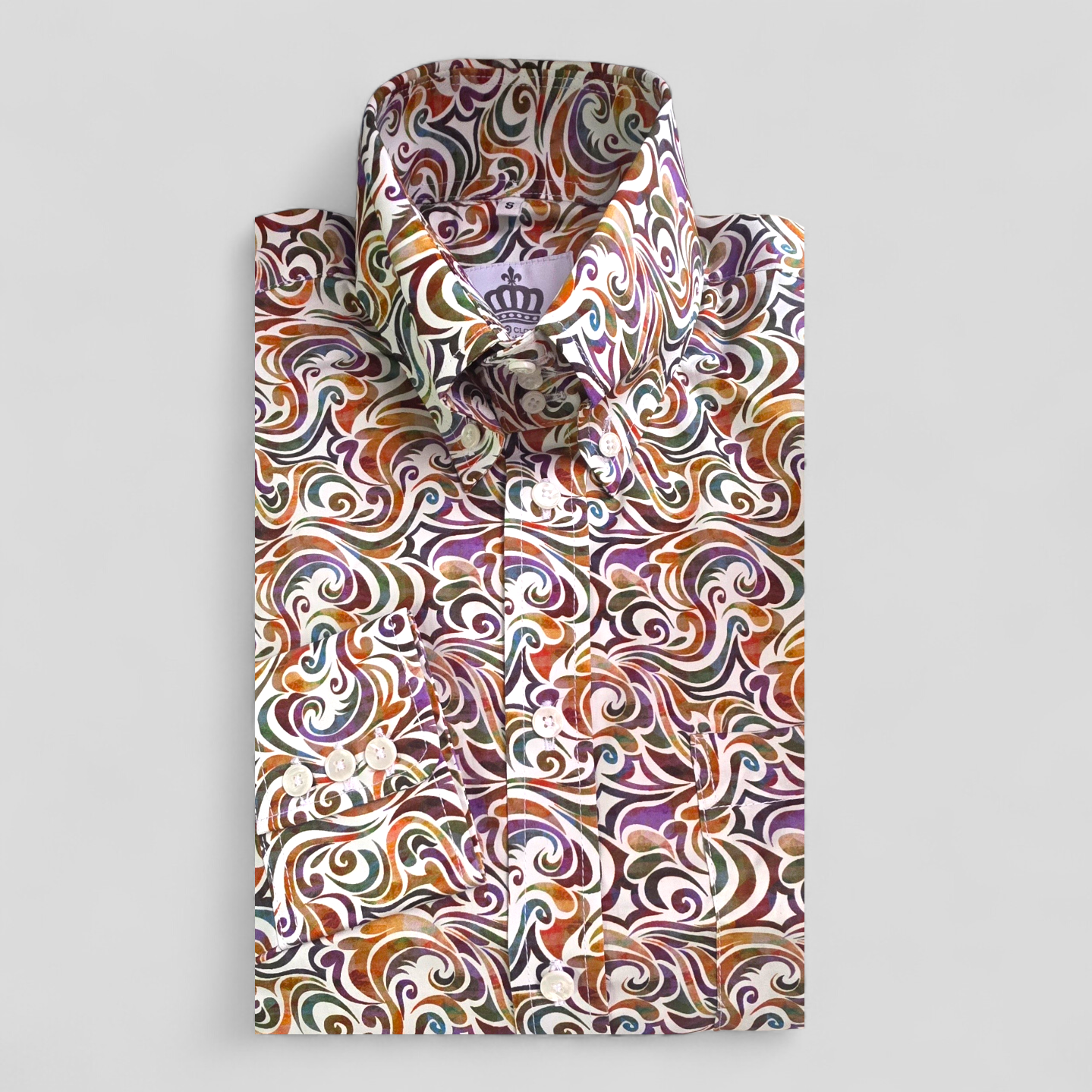 Folded long-sleeve shirt featuring vibrant sixties-style swirl print.