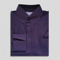 Folded dark purple two‑tone penny collar shirt with visible label and buttoned cuff.