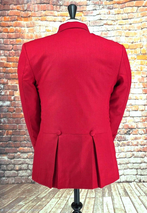 Back view of The Avory red riding jacket with decorative buttons and pleats