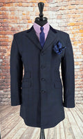 Bingley -  Deep Navy & Black Check 3/4 Length Coat With Navy Velvet Collar