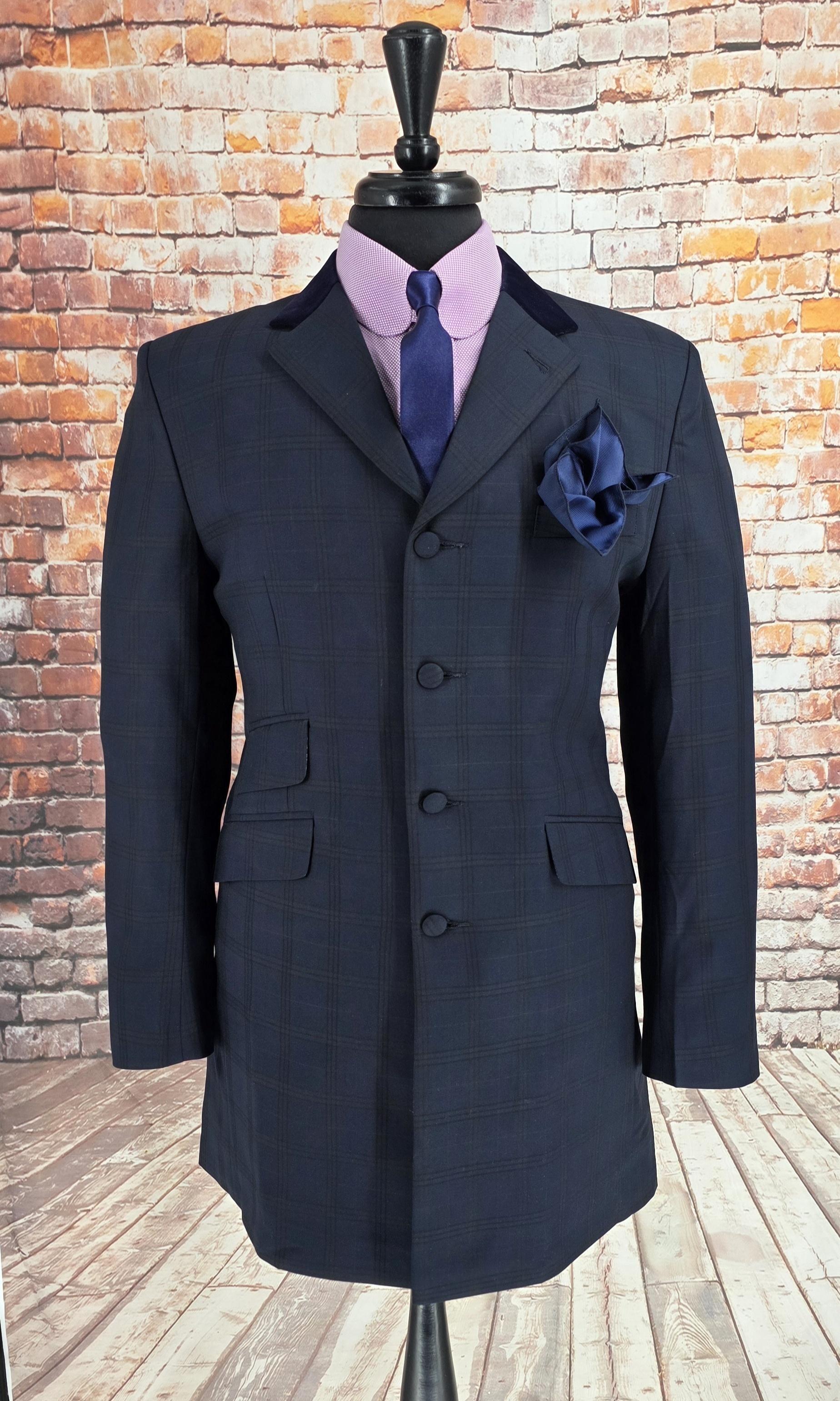 Bingley -  Deep Navy & Black Check 3/4 Length Coat With Navy Velvet Collar
