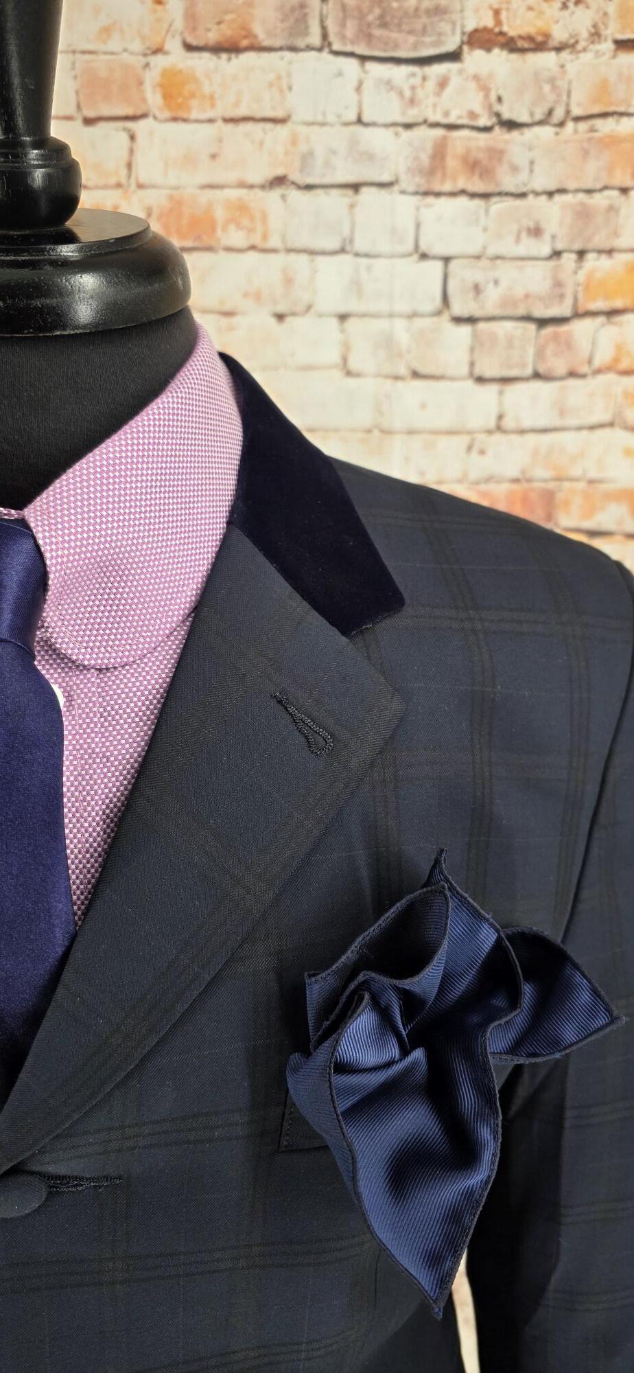 Bingley -  Deep Navy & Black Check 3/4 Length Coat With Navy Velvet Collar