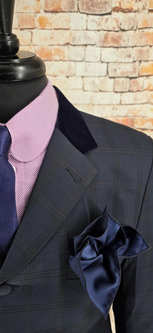Bingley -  Deep Navy & Black Checked Coat With Navy Velvet Collar
