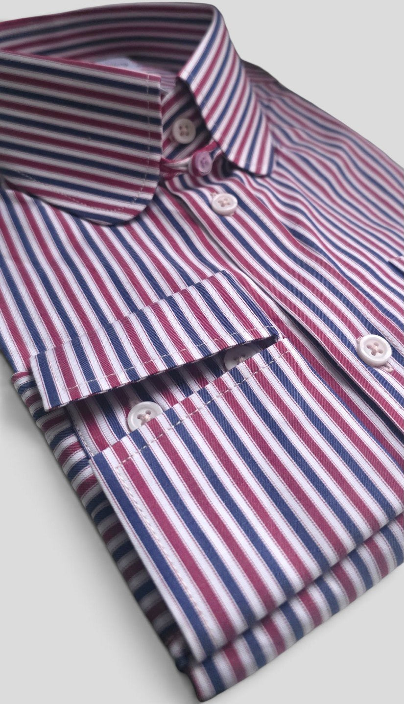 Guy multi-stripe shirt close-up showing penny tab collar and single-button barrel cuff detail