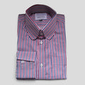 Guy muted red, white and navy stripe penny tab collar shirt folded, showing full front view