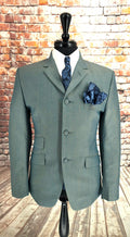 Gold blue green mohair three-button suit front