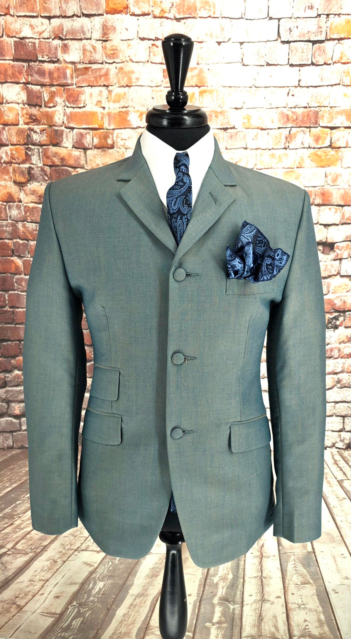 Gold blue green mohair three-button suit front
