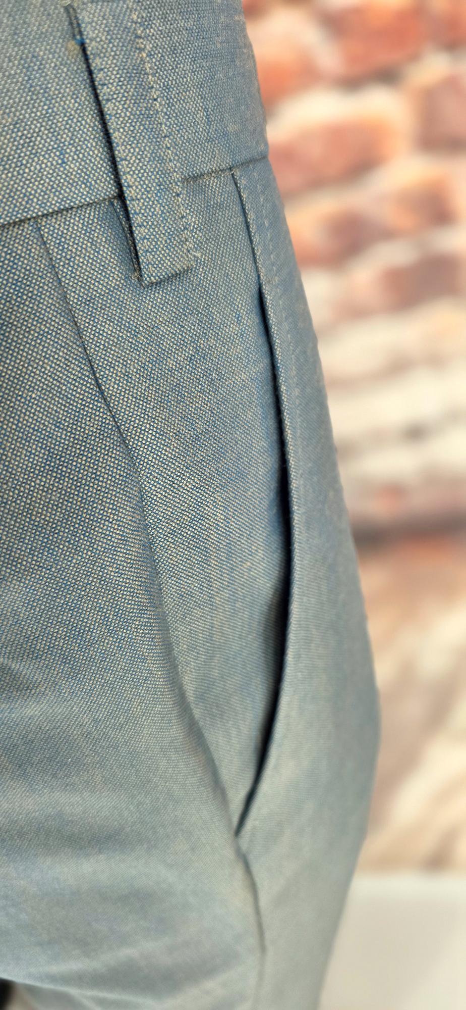 Gold blue green mohair tapered suit trousers