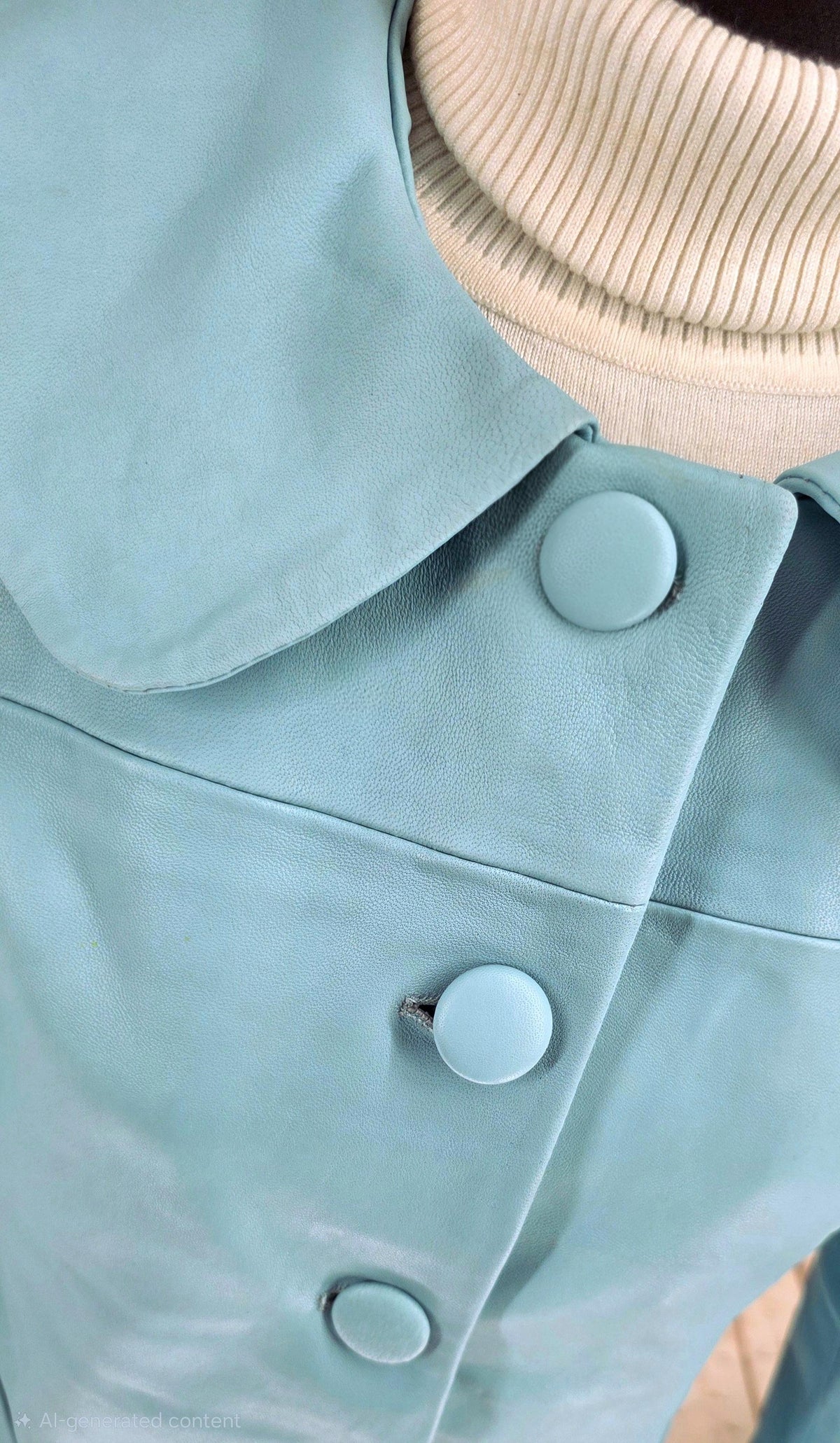 Close-up of the soft pale blue lambs leather, collar and covered buttons on Miranda coat