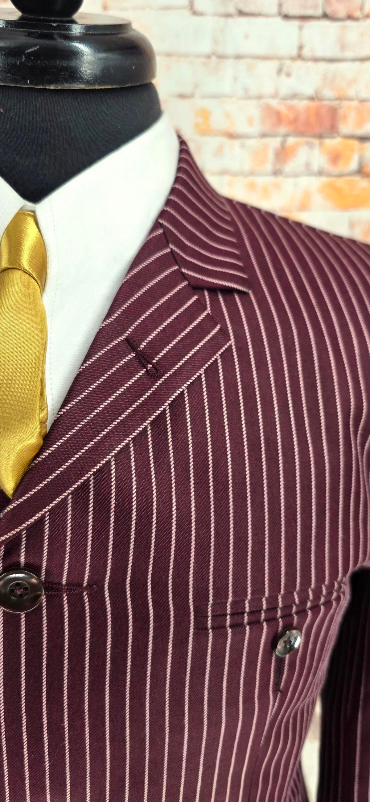 Full front view of the Walter burgundy pinstripe jacket
