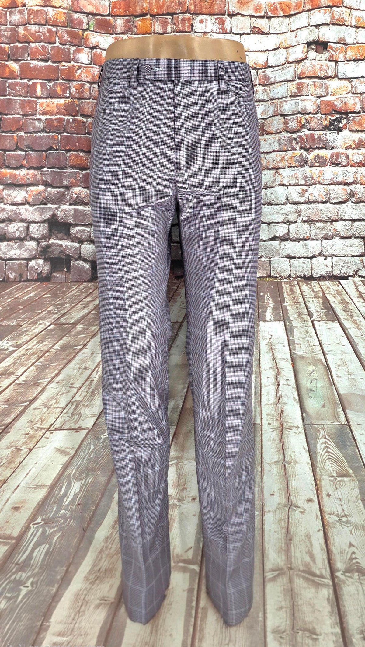 Garnet grey check trousers, full front view