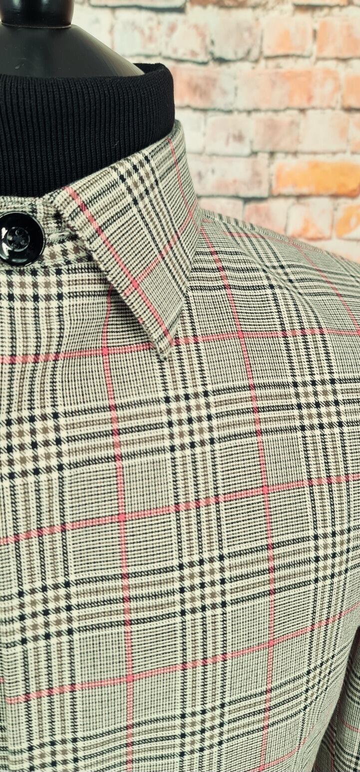 Clarke men's Mod brown Prince of Wales check overcoat collar detail