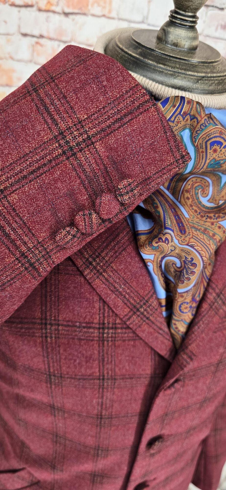 Clyde men's Mod burgundy rust check overcoat cuff detail