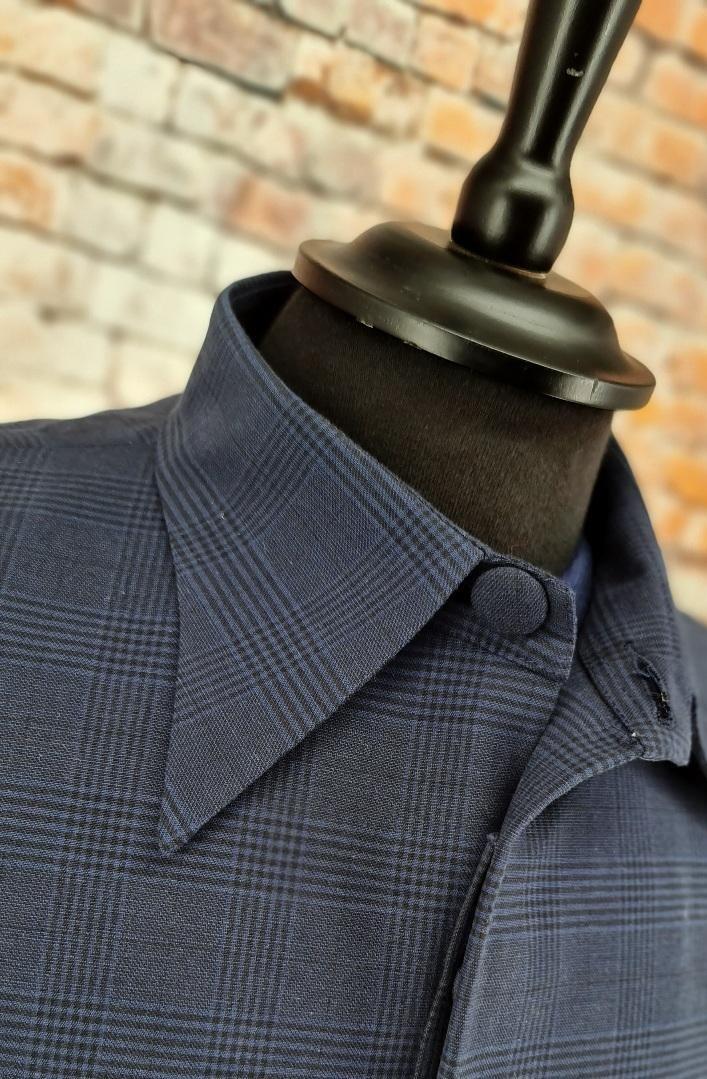 Grant men's Mod navy Prince of Wales check overcoat collar detail