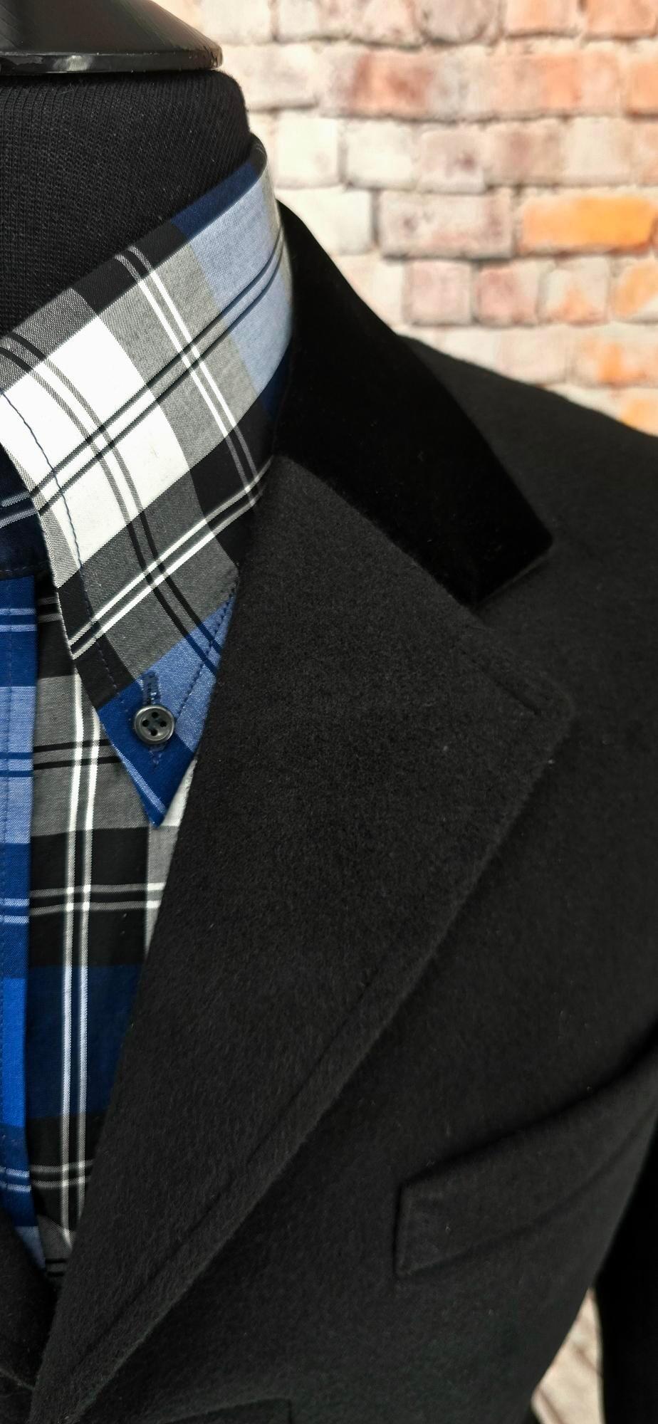 John men's Mod black 3/4 length overcoat with red lining collar detail