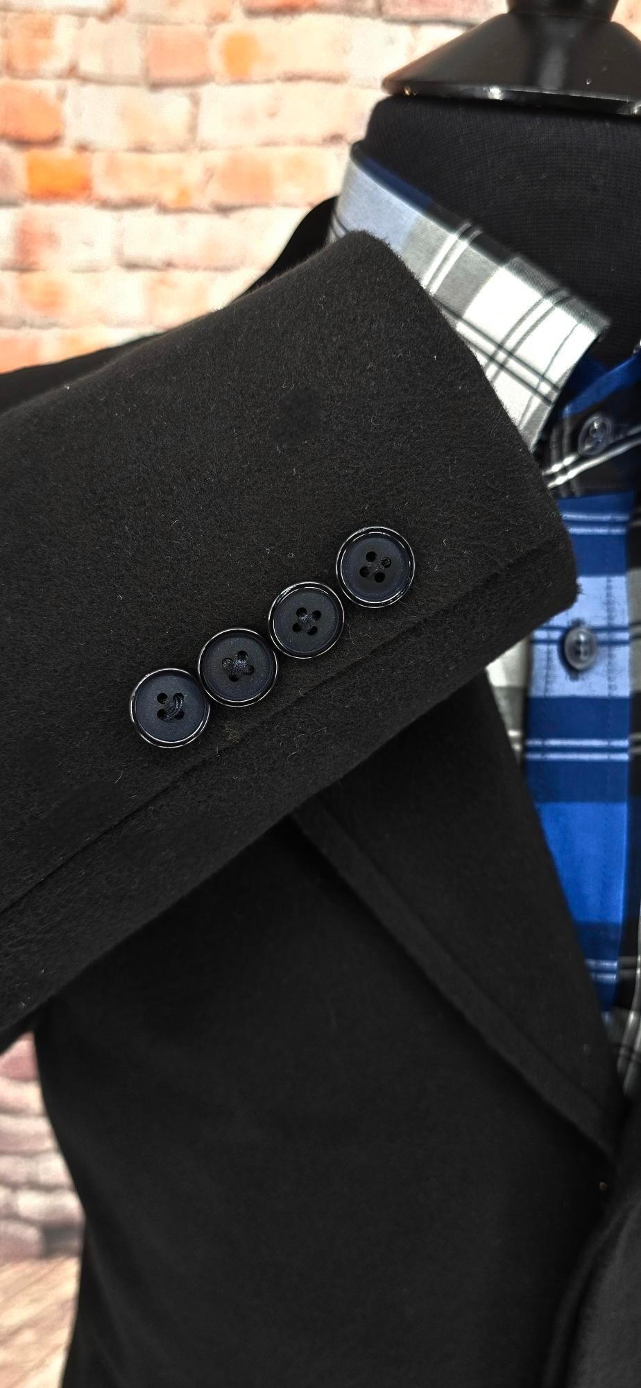 John men's Mod black 3/4 length overcoat with red lining cuff detail