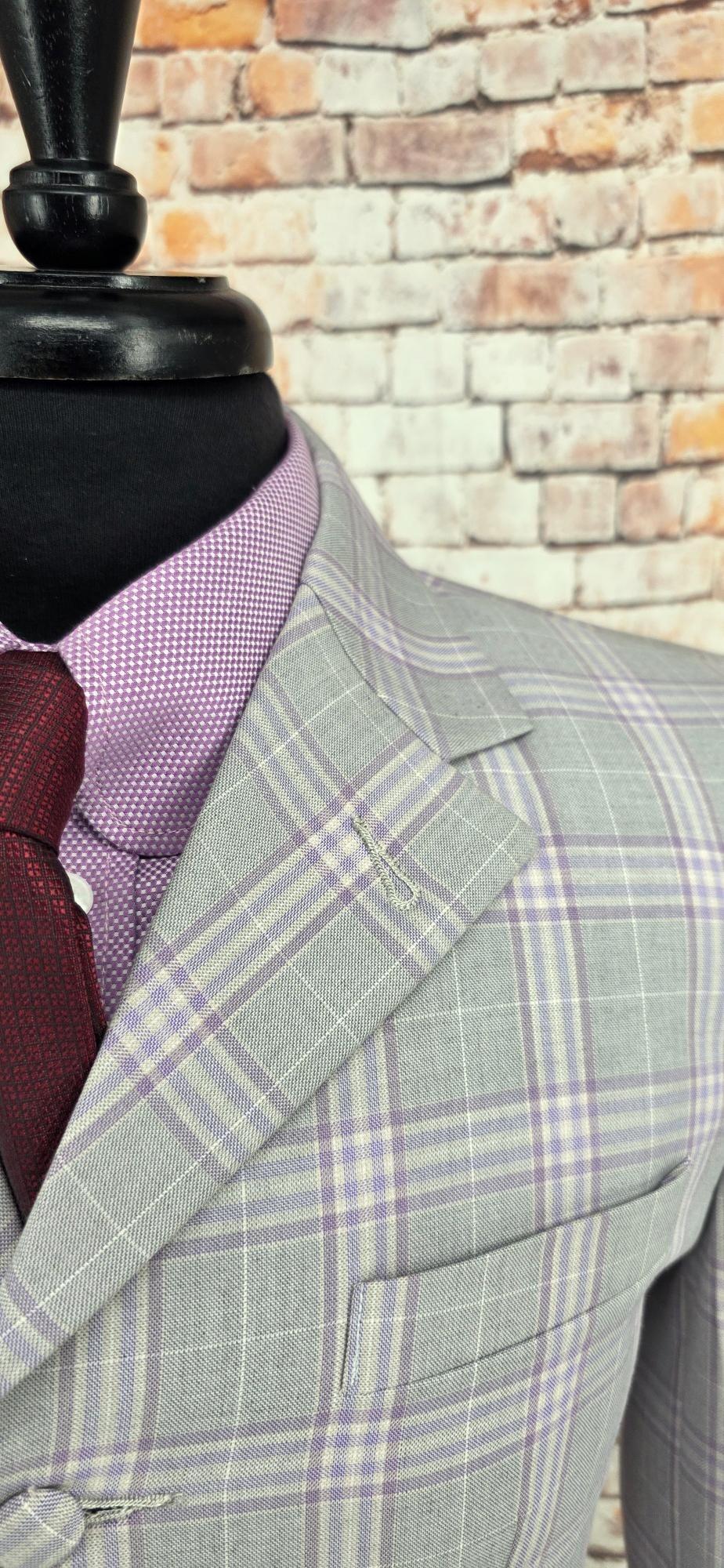 Larkin men's Mod overcoat in grey lavender check collar detail